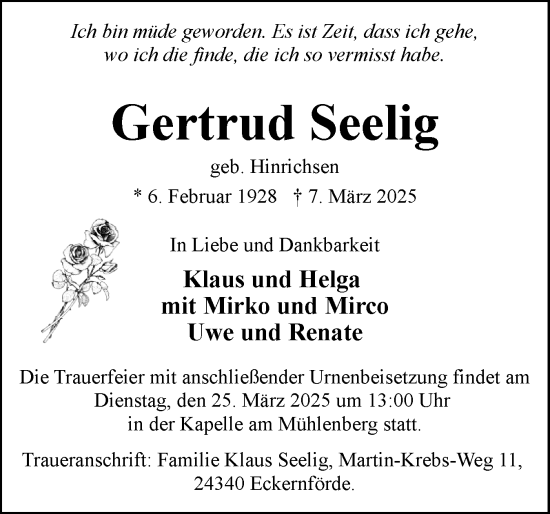 Traueranzeige von Gertrud Seelig von Eckernförder Zeitung, Hallo Eckernförde