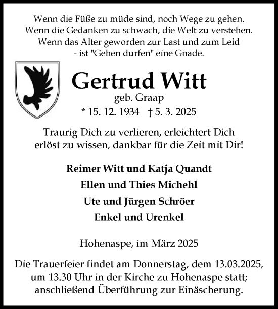 Traueranzeige von Gertrud Witt von Norddeutsche Rundschau, Wilstersche Zeitung, Glückstädter Fortuna