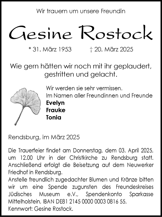 Traueranzeige von Gesine Rostock von Schleswig-Holsteinische Landeszeitung
