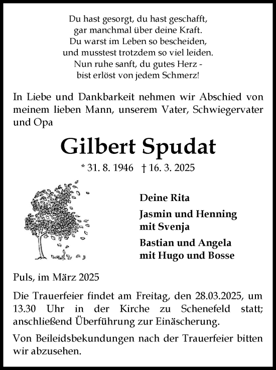 Traueranzeige von Gilbert Spudat von Norddeutsche Rundschau, Wilstersche Zeitung, Glückstädter Fortuna