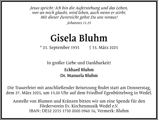 Traueranzeige von Gisela Bluhm von Wedel-Schulauer Tageblatt, tip Wedel-Schulauer Tageblatt, tip Rissener Rundschau
