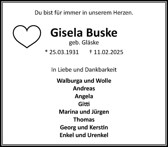 Traueranzeige von Gisela Buske von MARKT Ahrensburg/Bargteheide/Trittau und Stormarner Tageblatt