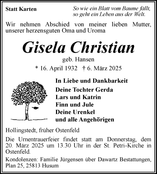 Traueranzeige von Gisela Christian von Husumer Nachrichten, Nordfriesland Tageblatt
