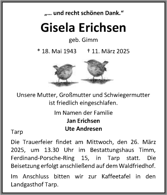 Traueranzeige von Gisela Erichsen von Flensburger Tageblatt