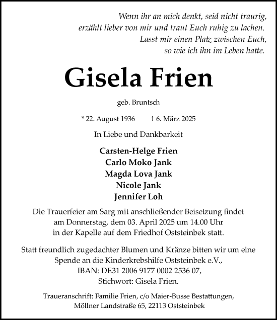 Traueranzeige von Gisela Frien von MARKT Glinde/Reinfeld