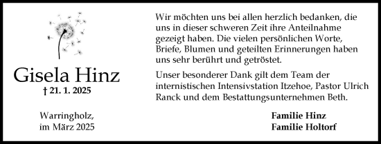 Traueranzeige von Gisela Hinz von Norddeutsche Rundschau, Wilstersche Zeitung, Glückstädter Fortuna