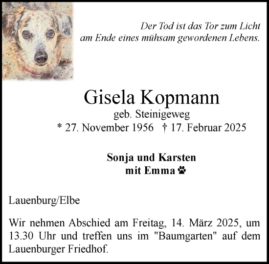 Traueranzeige von Gisela Kopmann von Wochenend Anzeiger