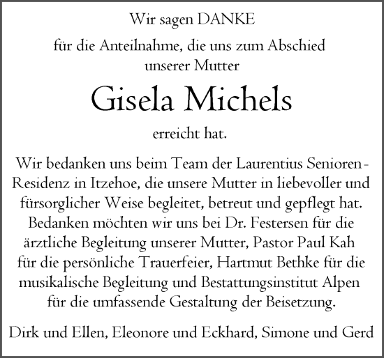 Traueranzeige von Gisela Michels von Norddeutsche Rundschau, Wilstersche Zeitung, Glückstädter Fortuna