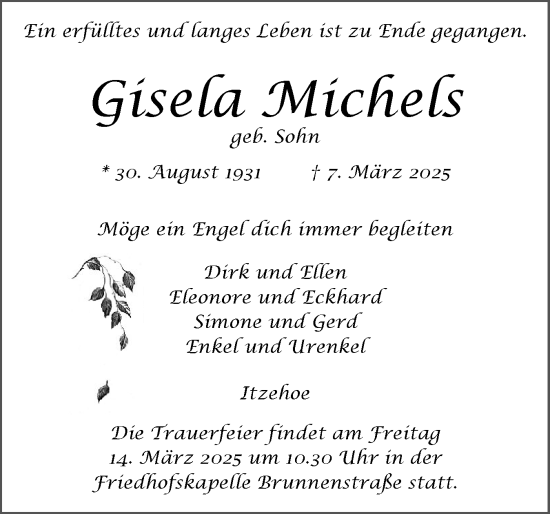 Traueranzeige von Gisela Michels von Norddeutsche Rundschau, Wilstersche Zeitung, Glückstädter Fortuna