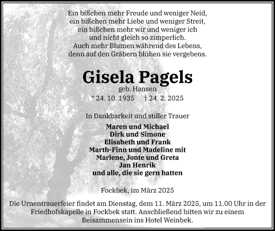 Traueranzeige von Gisela Pagels von Schleswig-Holsteinische Landeszeitung