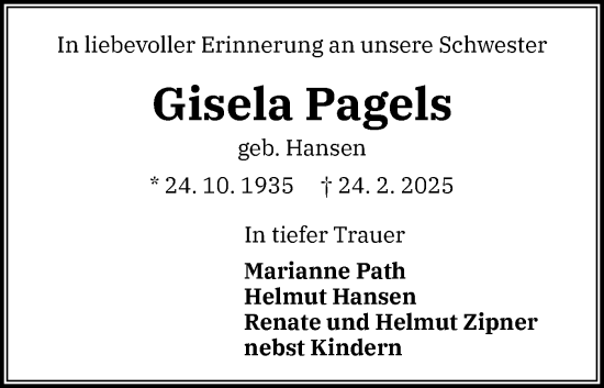 Traueranzeige von Gisela Pagels von Schleswig-Holsteinische Landeszeitung