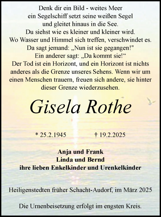 Traueranzeige von Gisela Rothe von Schleswig-Holsteinische Landeszeitung