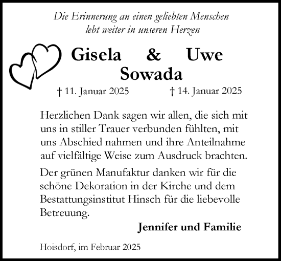 Traueranzeige von Gisela Sowada von MARKT Ahrensburg/Bargteheide/Trittau und Stormarner Tageblatt
