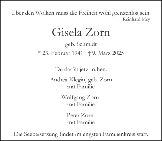 Traueranzeige von Gisela Zorn von Wochenend Anzeiger