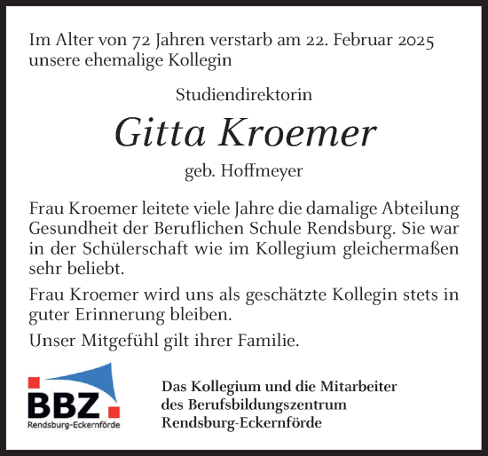Traueranzeige von Gitta Kroemer von Eckernförder Zeitung