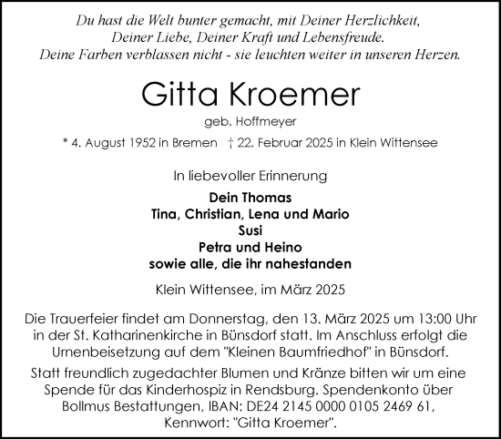 Traueranzeige von Gitta Kroemer von Schleswig-Holsteinische Landeszeitung