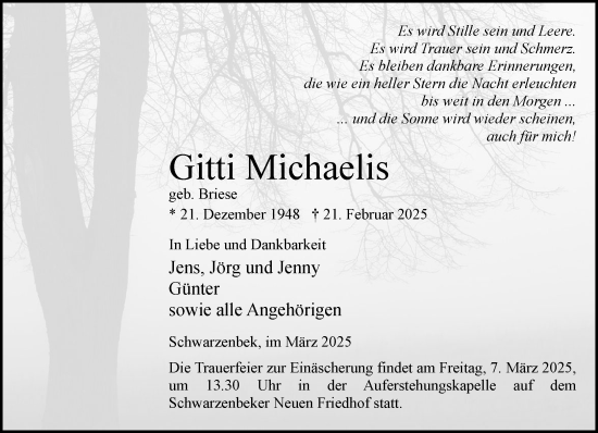 Traueranzeige von Gitti Michaelis von MARKT Ratzeburg/Mölln