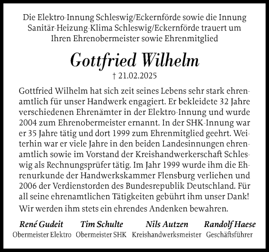 Traueranzeige von Gottfried Wilhelm von Schleswiger Nachrichten, Schlei-Bote