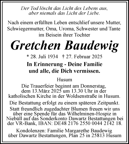 Traueranzeige von Gretchen Baudewig von Husumer Nachrichten, Nordfriesland Tageblatt
