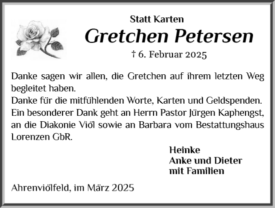 Traueranzeige von Gretchen Petersen von Husumer Nachrichten, Nordfriesland Tageblatt