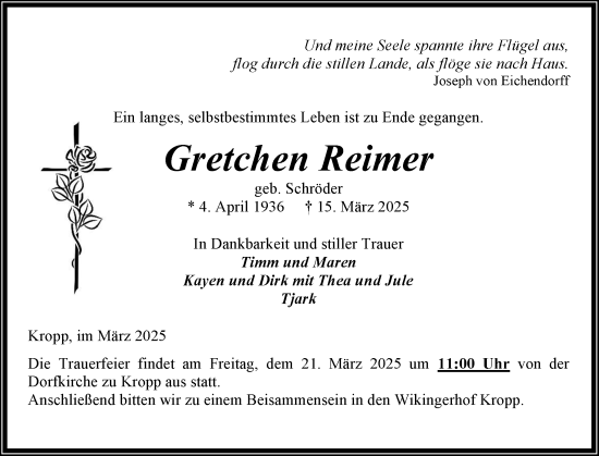 Traueranzeige von Gretchen Reimer von Schleswig-Holsteinische Landeszeitung