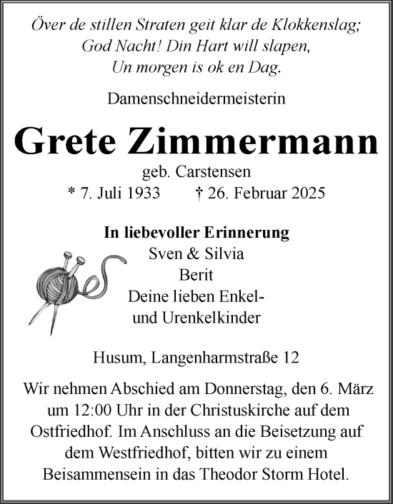 Traueranzeige von Grete Zimmermann von Husumer Nachrichten, Nordfriesland Tageblatt