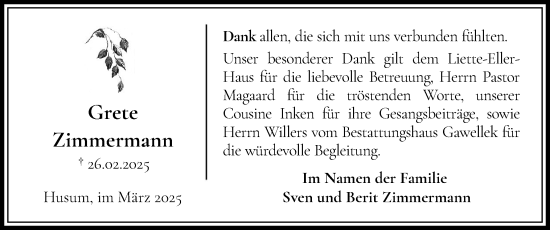 Traueranzeige von Grete Zimmermann von Husumer Nachrichten, Nordfriesland Tageblatt
