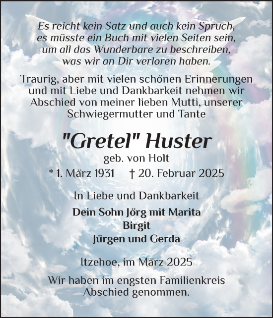Traueranzeige von Gretel Huster von Norddeutsche Rundschau, Wilstersche Zeitung, Glückstädter Fortuna