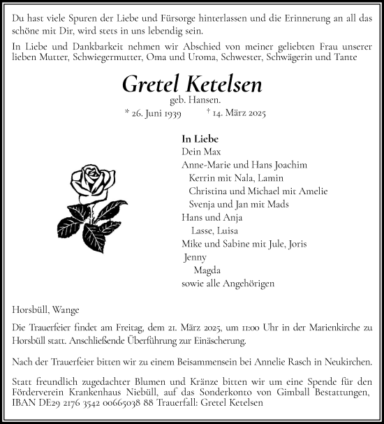 Traueranzeige von Gretel Ketelsen von Husumer Nachrichten, Nordfriesland Tageblatt