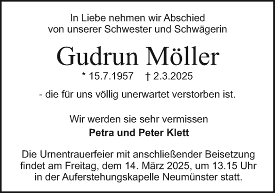 Traueranzeige von Gudrun Möller von Holsteinischer Courier
