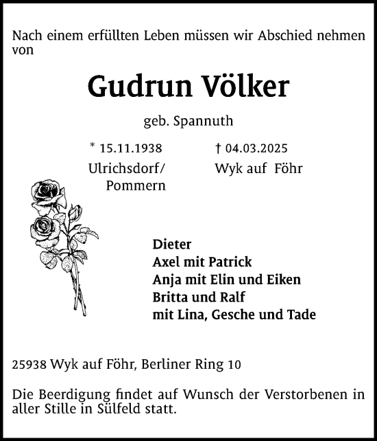 Traueranzeige von Gudrun Völker von Der Insel-Bote