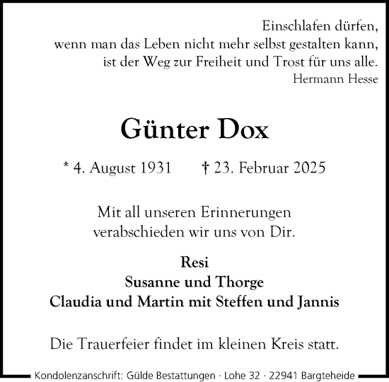 Traueranzeige von Günter Dox von MARKT Ahrensburg/Bargteheide/Trittau und Stormarner Tageblatt