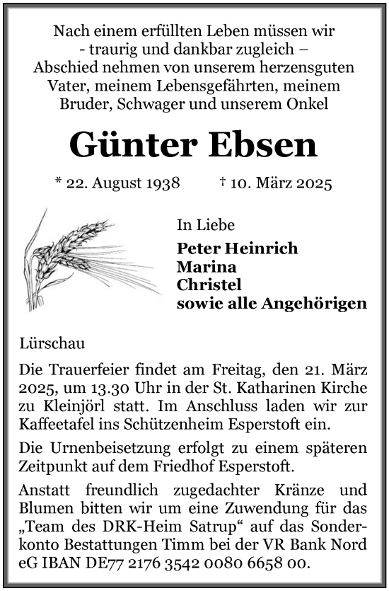 Traueranzeige von Günter Ebsen von Flensburger Tageblatt, Schleswiger Nachrichten, Schlei-Bote