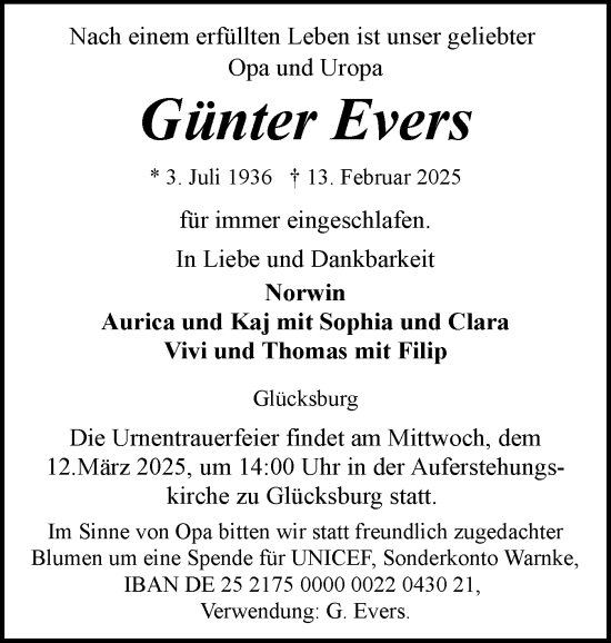 Traueranzeige von Günter Evers von Flensburger Tageblatt