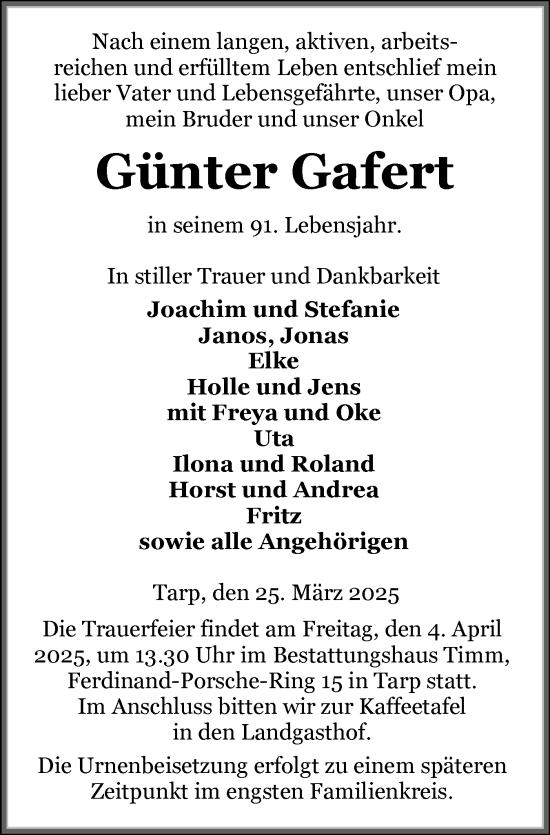Traueranzeige von Günter Gafert von Flensburger Tageblatt