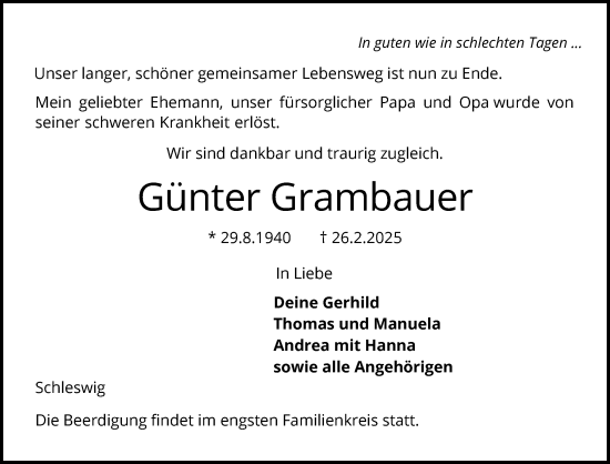 Traueranzeige von Günter Grambauer von Schleswiger Nachrichten, Schlei-Bote
