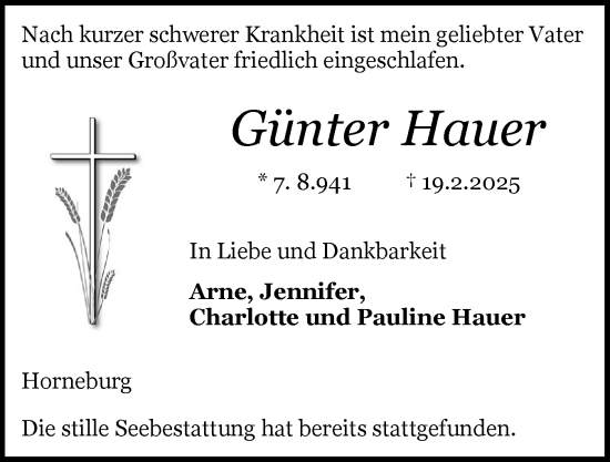 Traueranzeige von Günter Hauer von Schleswiger Nachrichten, Schlei-Bote