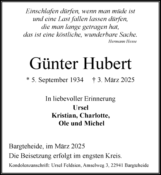Traueranzeige von Günter Hubert von MARKT Ahrensburg/Bargteheide/Trittau und Stormarner Tageblatt
