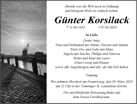 Traueranzeige von Günter Korsilack von Husumer Nachrichten, Nordfriesland Tageblatt