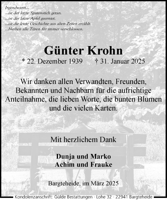 Traueranzeige von Günter Krohn von MARKT Ahrensburg/Bargteheide/Trittau und Stormarner Tageblatt