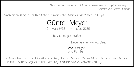Traueranzeige von Günter Meyer von MARKT Ahrensburg/Bargteheide/Trittau und Stormarner Tageblatt