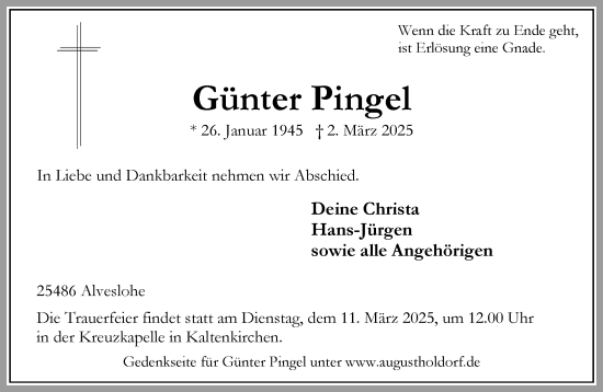 Traueranzeige von Günter Pingel von Umschau