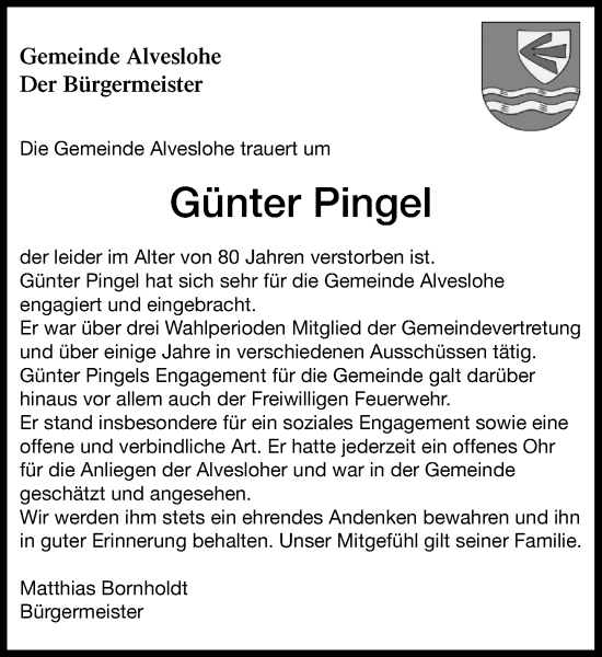 Traueranzeige von Günter Pingel von Umschau