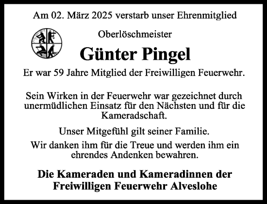 Traueranzeige von Günter Pingel von Umschau
