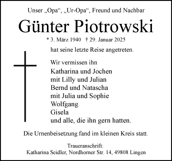 Traueranzeige von Günter Piotrowski von Norddeutsche Rundschau, Wilstersche Zeitung, Glückstädter Fortuna
