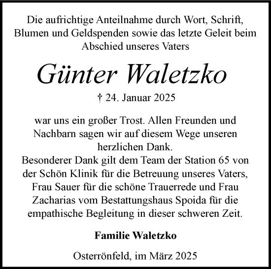 Traueranzeige von Günter Waletzko von Schleswig-Holsteinische Landeszeitung