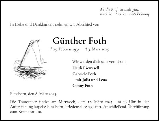 Traueranzeige von Günther Foth von Elmshorner Nachrichten, Barmstedter Zeitung