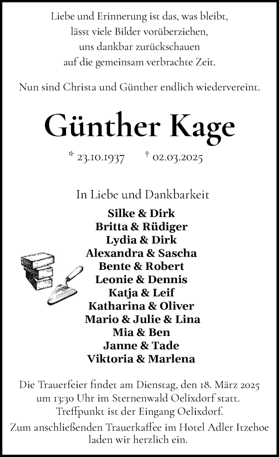 Traueranzeige von Günther Kage von Norddeutsche Rundschau, Wilstersche Zeitung, Glückstädter Fortuna