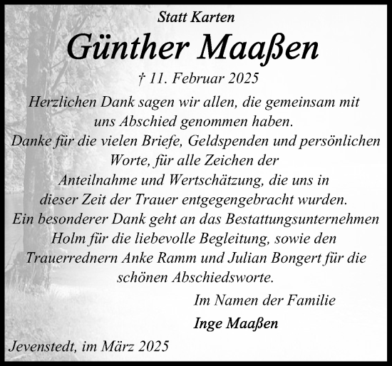 Traueranzeige von Günther Maassen von Schleswig-Holsteinische Landeszeitung