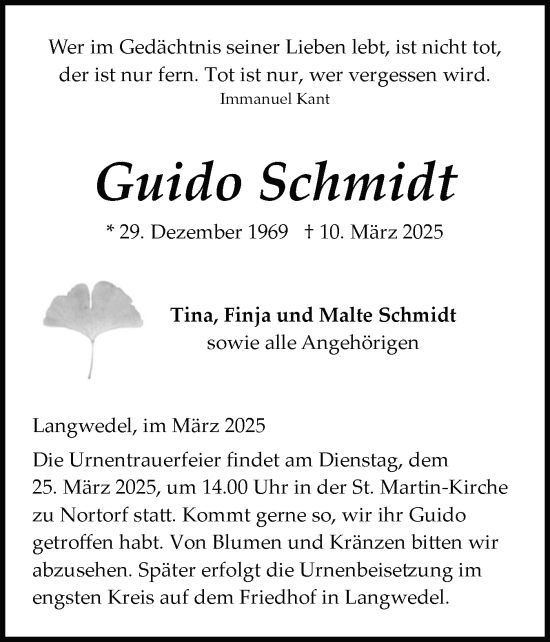 Traueranzeige von Guido Schmidt von Schleswig-Holsteinische Landeszeitung